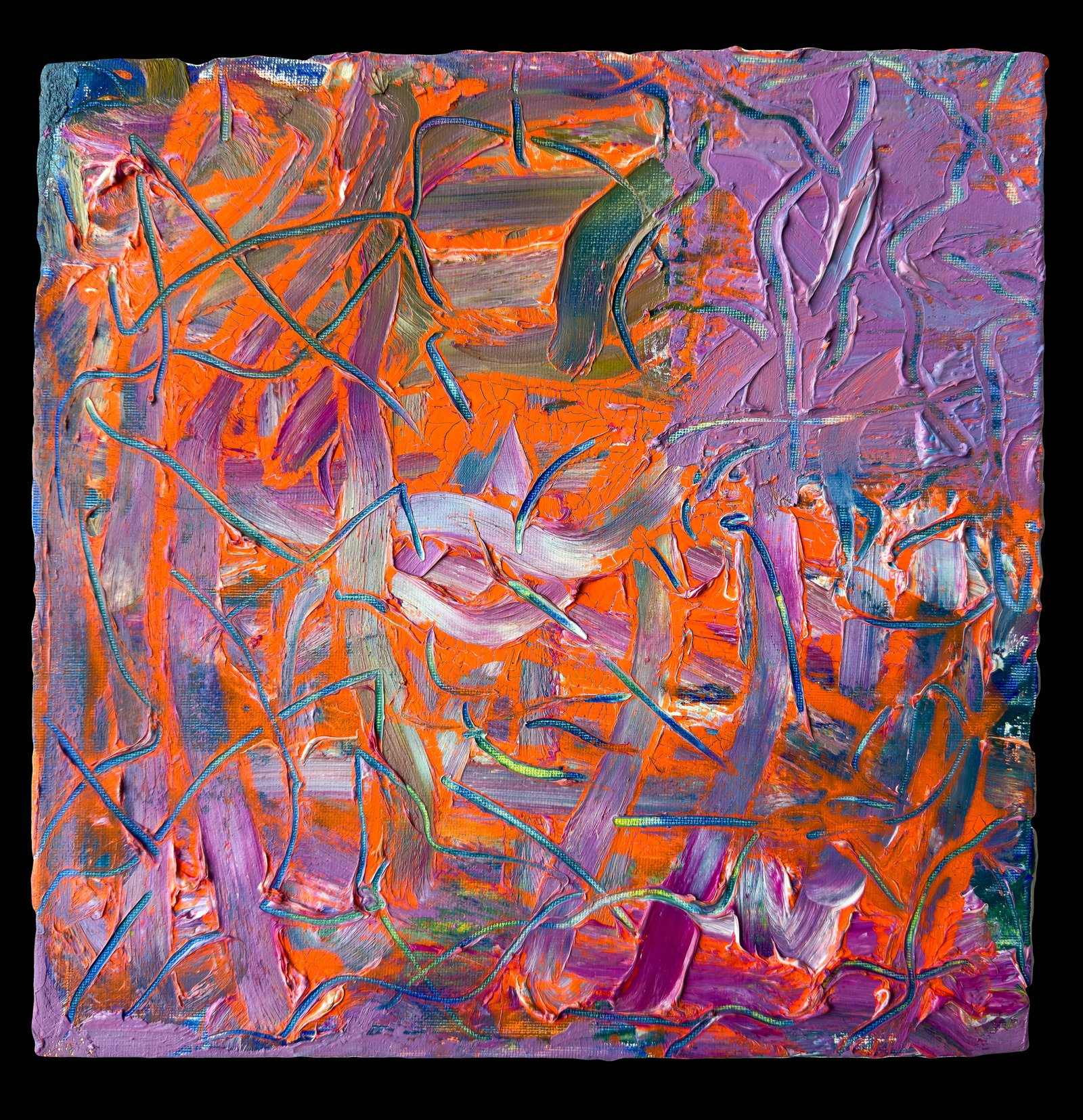 Post Atalgorithmic Cave Paintings, a series of 100 paintings, 2023-2024, oil, ink and acrylics on canvas, 30 x 30 cm